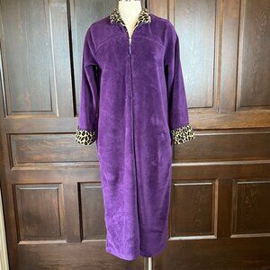 Oscar de la Renta Women's S/M Purple/Animal Print Fleece Zip Robe Caftan Pockets